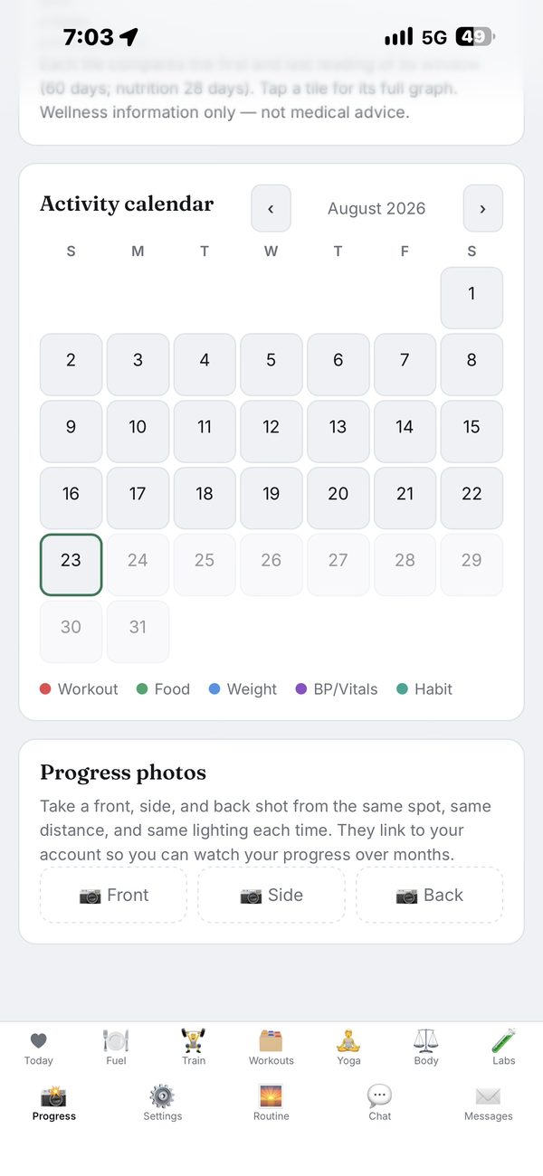 The Progress tab: a month-view activity calendar colour-coded for workouts, food, weight, vitals and habits, above a progress-photos card with front, side and back slots.