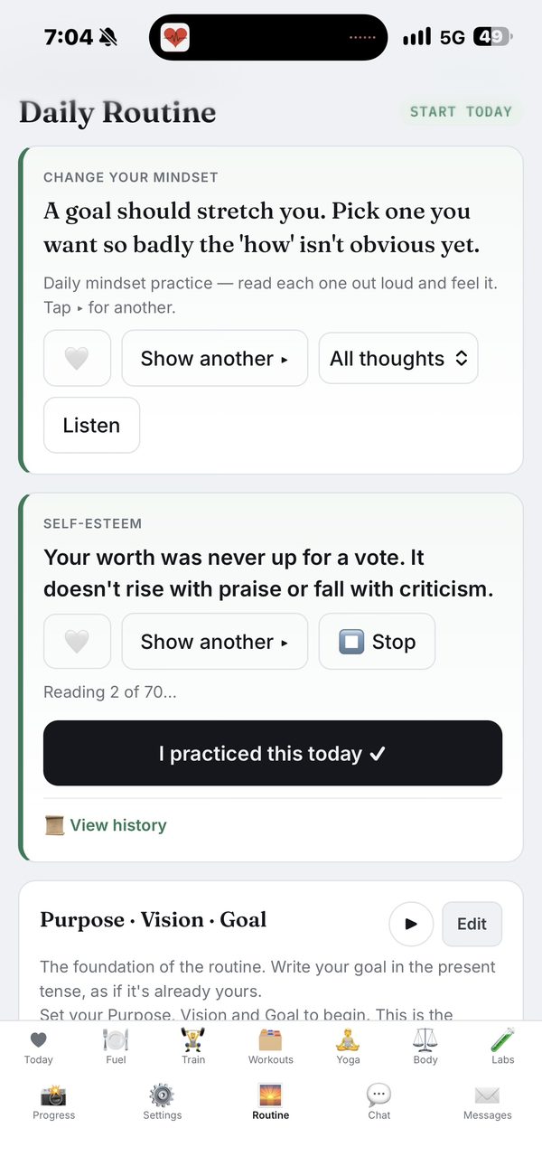 The Daily Routine tab: a mindset card and a self-esteem card, each with a prompt to read aloud, a Listen button and an 'I practiced this today' button.